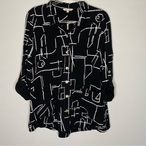 John Mark Black Abstract Button Down Shirt Roll Cuff Sleeve Collar Women’s Sz S